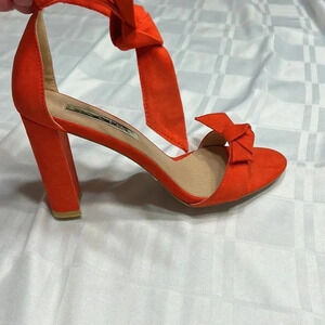BILLINI Red high ,chunky heel suede shoes with bow  & ankle wrap adjustable ties